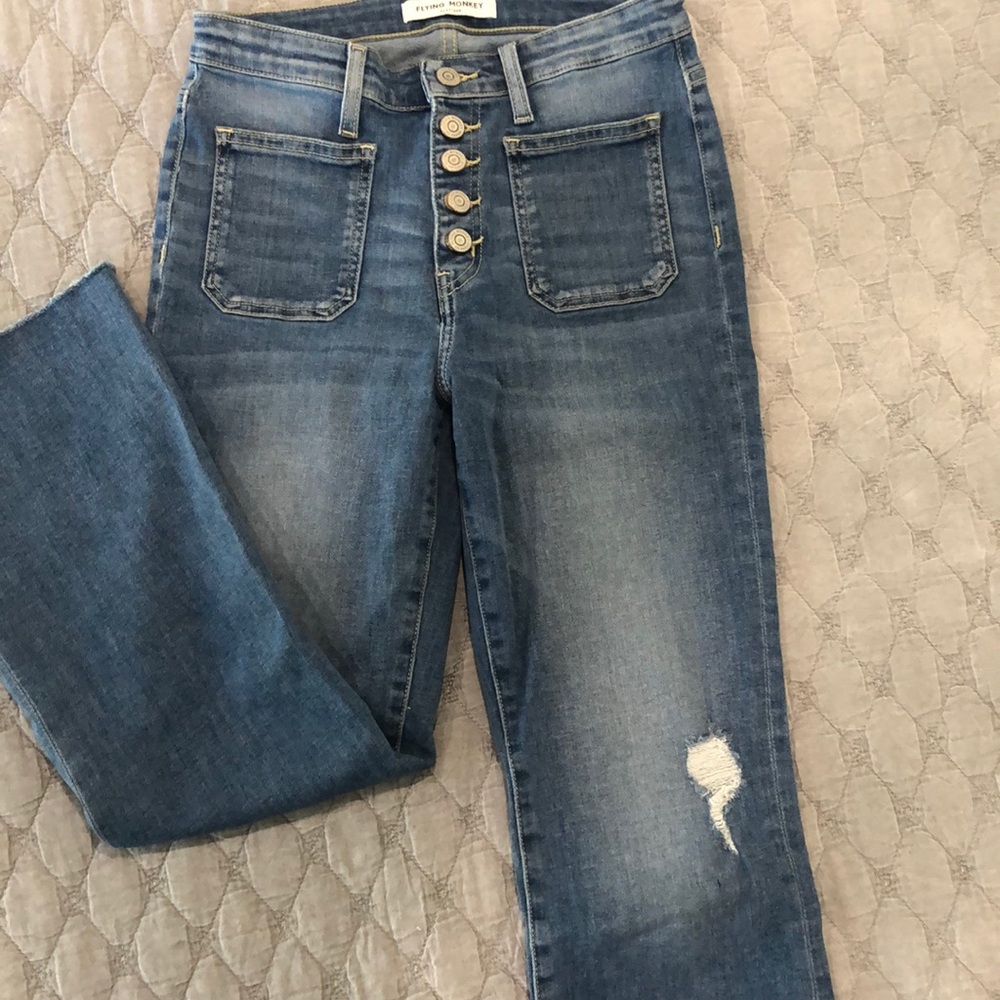 Flying monkey crop kick patch pocket jeans